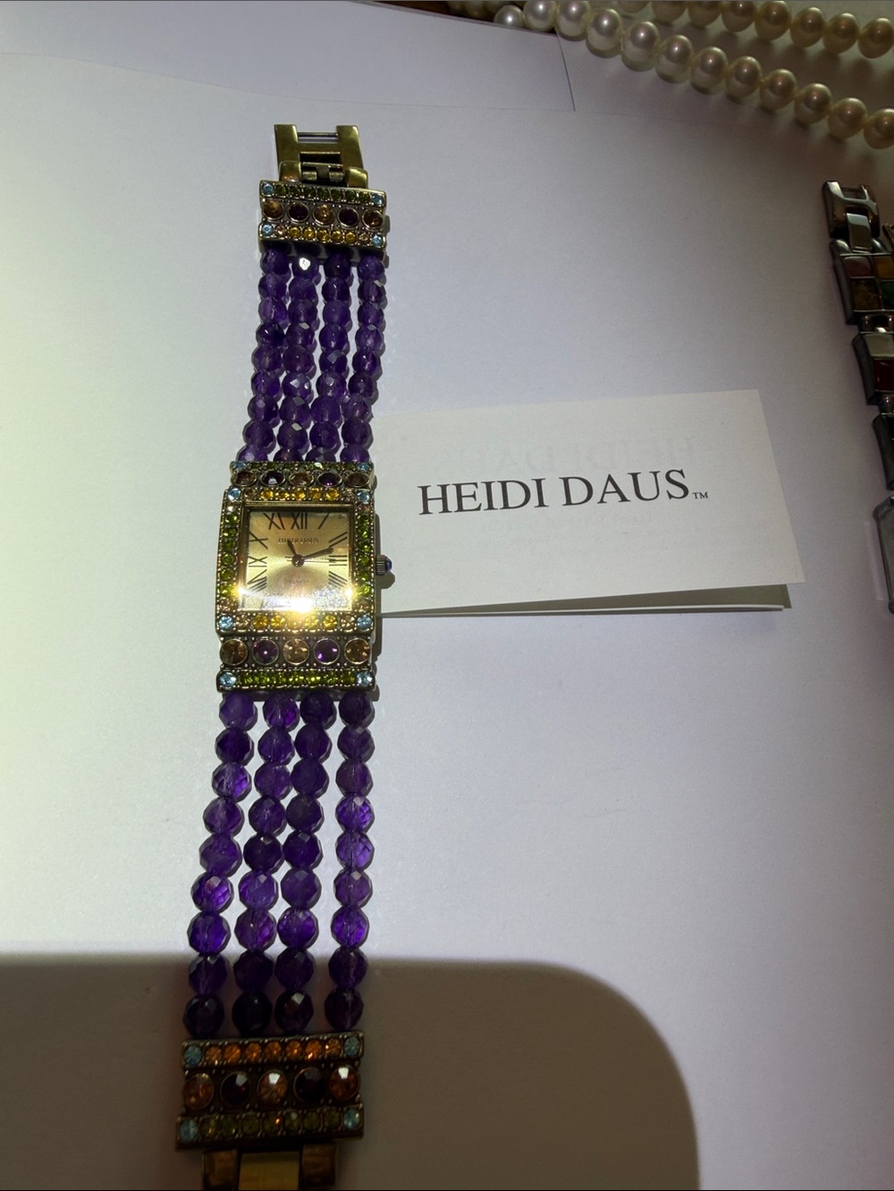 Heidi Daus Vintage Purple Beaded Multi-Row Bracelet Watch with Jeweled Accents